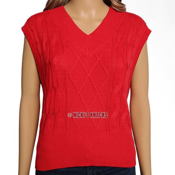 Sincerely Jules Red Cable Knit Sleeveless Sweater V-Neck Academia Preppy Size L - Picture 3 of 13